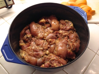 Add chicken to Dutch oven and add dry rub over the top. Mix evenly with clean hands.