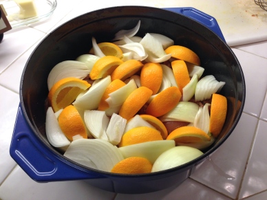 Add onion and orange wedges on top.